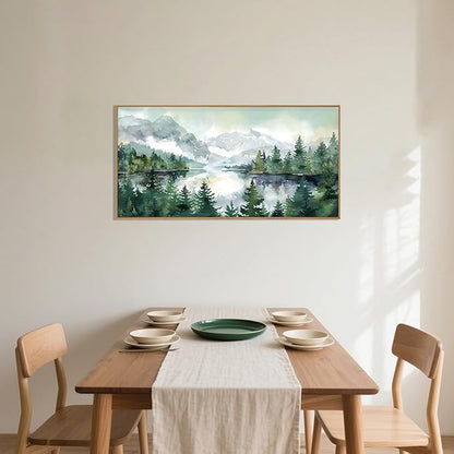 Watercolor Mountain Framed Canvas Wall Art Set, Boho Forest Wall Decor, Nature Green Pines Wall Painting, Forest Wilderness Artwork for Living Room, Bedroom, Dining Room, Office-20 x40 x1