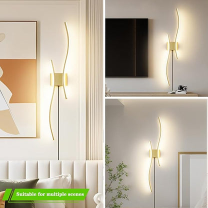 Daunton Modern Gold Plug in Wall Sconces Set of 2 - Smart Dimmable LED Wall Lights with Remote, 3CCT Adjustable & Memory Function, Timer Setting - No Wiring Needed for Living Room, Bedroom, Hallway