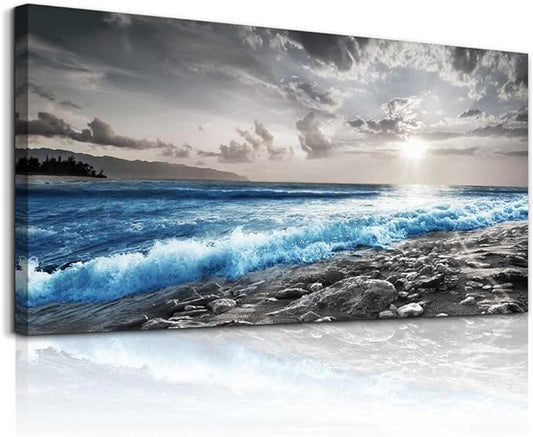 hyidecorart Wall Decor For Living Room Framed Canvas Wall Art For Office Bedroom Decorations Blue Ocean Wall Painting Black and White Beach Pictures Artwork Modern Mural Home Walls Decor