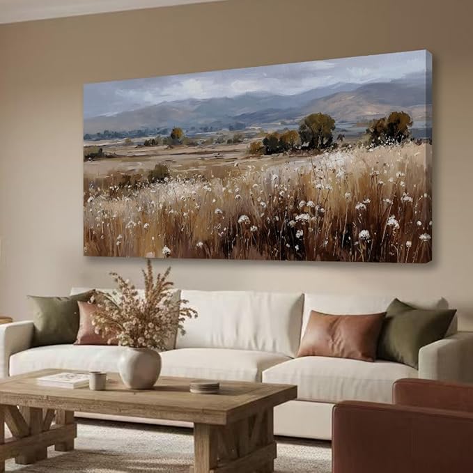BQVCT Rustic Landscape Canvas Wall Art 24x48 Inch Field with Wildflowers and Mountains Giclee Print on Stretched Canvas, Nature Scenery Wall Decor for Living Room, Bedroom, Office