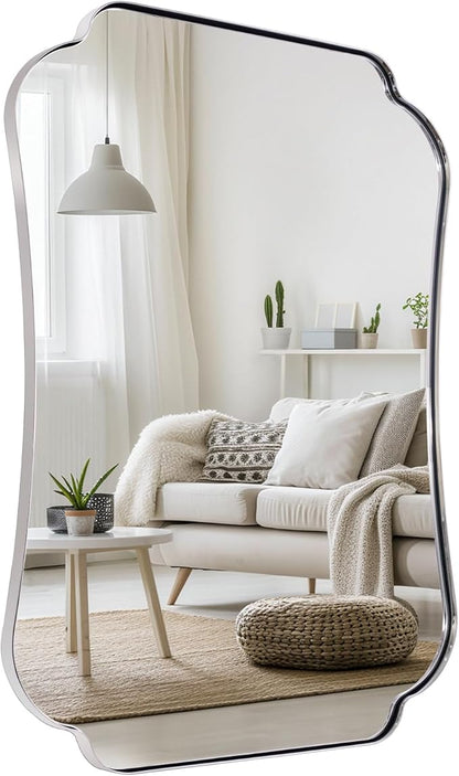 ANDY STAR 24"x40" Chrome Mirror, Scalloped Bathroom Wall Mirror in Anti-Rust Stainless Steel Metal Frame 1’’ Deep, Hangs Vertically/Horizontally