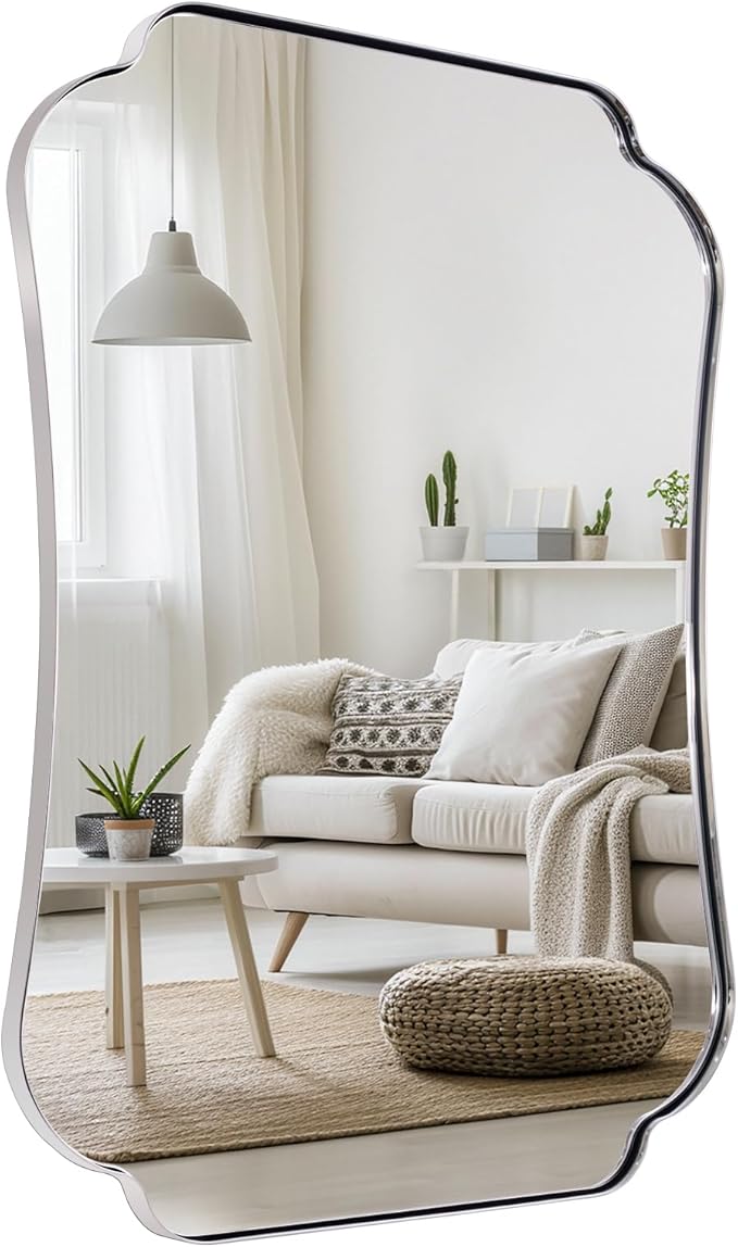 ANDY STAR Chrome Bathroom Mirror 24x36 Inches, Modern Scalloped Wall Mirror with Distinctive Notched Edge Stainless Steel Frame for Hallway, Lounge and Vanity Area