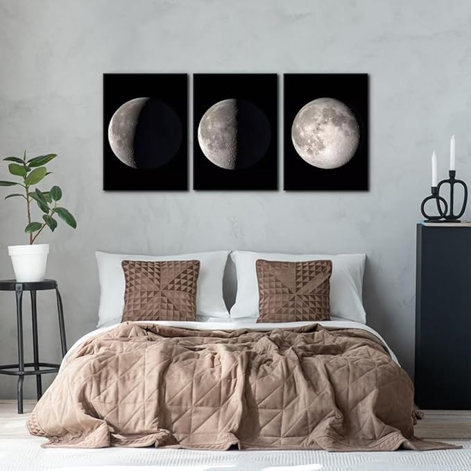 Pacimo Moon Canvas Prints Wall Art Space Pictures Paintings Modern Gallery Wrapped Black and White Abstract Sky Giclee Artwork for Living Room Bedroom Home Office Decor Ready to Hang - 20"x28"x3 Panel