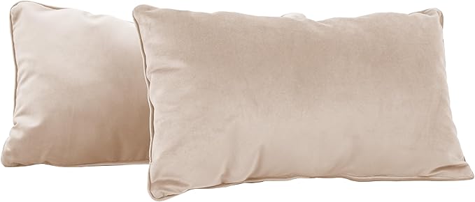 FDP 12" x 20" Velvet Rectangle Lumbar Pillow Set with Piping Decorative Throw Pillow for Home Décor in Living Room, Bedroom or Lounge (2-Pack) - Beige, 15159-340