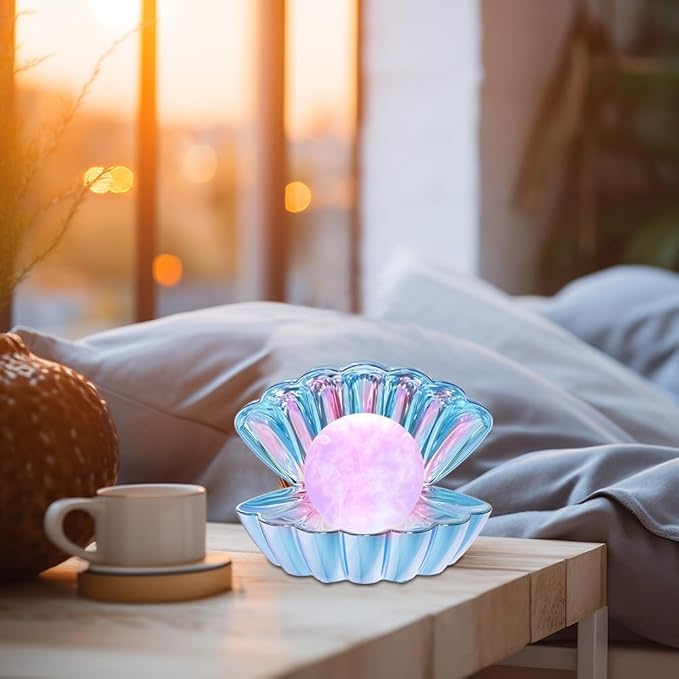 LKUA Shell Pearl Beach Themed Night Light, RGB 8 Colors Changing Mood Shell Pearl Lamps, Bedside LED Clamshell Portable Night Lights for Bar (Electroplating Blue)