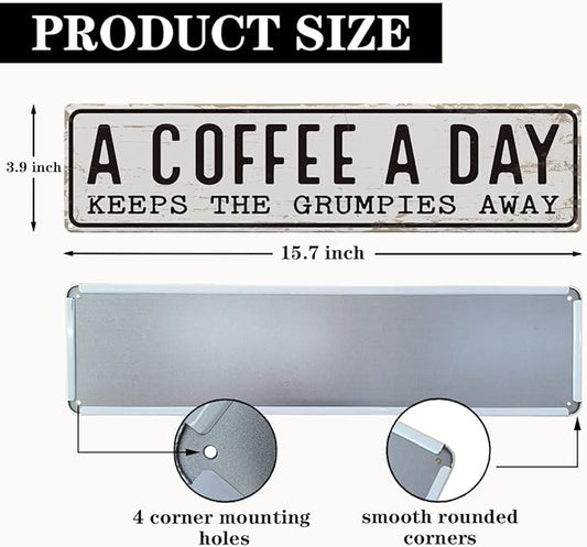 Coffee Signs Decor, A Coffee A Day Keeps the Grum Pies Away Sign, Farmhouse Wall Decor for Home, Vintage Bar or Dorm, Retro Metal Tin Sign, Decorative Metal Wall Signs 15.8x4 Inches