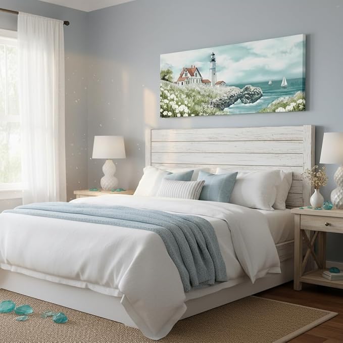 Conipit Coastal Lighthouse Canvas Wall Art Seascape with Sailboats Pictures Portland Lighthouse Painting Ocean Scene Home Decor 20''x48''