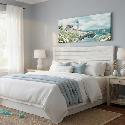 Conipit Coastal Lighthouse Canvas Wall Art Seascape with Sailboats Pictures Portland Lighthouse Painting Ocean Scene Home Decor 20''x48''