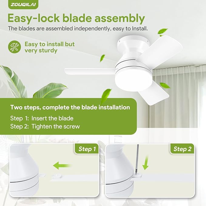 26" White Ceiling Fans with Lights and Remote, Low Profile Ceiling Fan with Light, Reversible DC Motors, 3CCT Dimmable Timer Noiseless, Flush Mount Ceiling Fan for Bedroom/Living Room