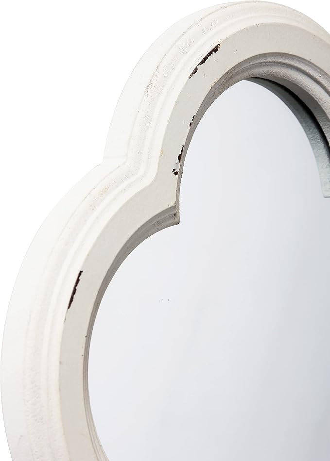 Vintage Small Scalloped Wall Mirror Decorative 8.9 inch, Hanging Distressed White Rustic Quatrefoil Wooden Mirrors for Wall Decor Living Room, Farmhouse Clover Shape Floral Mirror