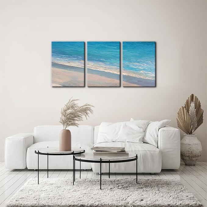 Pacimo - 3 Panels Canvas Wall Art Decor - Oil Painting Style Seascape with Waves on The Beach - Giclee Modern Artwork Prints on Canvas Gallery Wrap Home Decor Stretch Framed Ready to Hang - 12"x16"x3