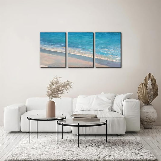 Pacimo - 3 Panels Canvas Wall Art Decor - Oil Painting Style Seascape with Waves on The Beach - Giclee Modern Artwork Prints on Canvas Gallery Wrap Home Decor Stretch Framed Ready to Hang - 12"x16"x3