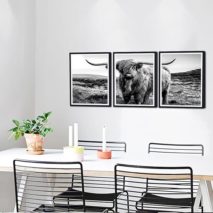 Black White Highland Cow Canvas Wall Art Vintage Hairy Cow Poster Rustic Farmhouse Animal Framed Wall Decor for Kitchen Living Room Bedroom Country House Decor Easy to Hand 12x16inchx3pcs