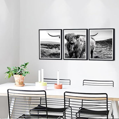 Black White Highland Cow Canvas Wall Art Vintage Hairy Cow Poster Rustic Farmhouse Animal Framed Wall Decor for Kitchen Living Room Bedroom Country House Decor Easy to Hand 12x16inchx3pcs