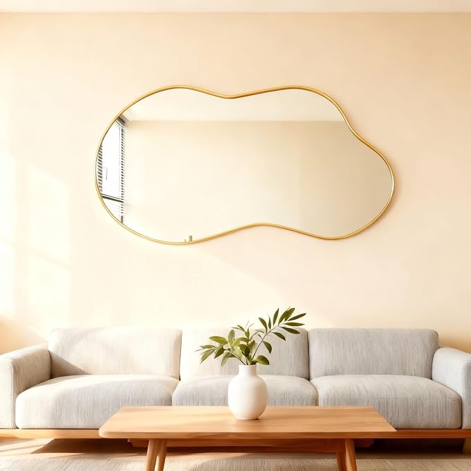 Itrue 26×46 Inch Gold Framed Irregular Tempered Glass Wall Mirror, Asymmetrical Vanity Mirror for Bathroom, Bedroom, Entryway