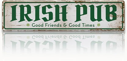 Rustic Bar Decor Metal Wall Sign, “Irish Pub – Good Friends & Good Times” Vintage Tin for Wet Bar, Lounge, Kitchen or Entryway, Weather-Resistant, 15.8 x 4 Inch