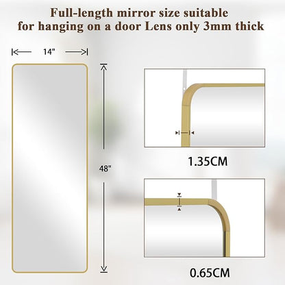 VooBang 14"x48" Full Length Over The Door Mirror - Aluminum Alloy Frame Full Body Mirror with Height-Adjustable Hangers, Hanging Leaning Against Wall for Dorm, Gold