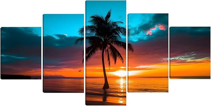 Yatsen Bridge 5 Panels Seascape Wall Art Beach Sunset Pictures Palm Trees Paintings on Canvas Artwork for Living Room Bedroom Home Decor Wooden Framed Ready to Hang - 60''W x 32''H