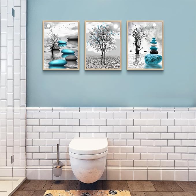 Natural Wood Framed Canvas Wall Art for Living Room Large Size Wall Decor for Bedroom Blue Abstract Wall Pictures Black and White Paintings OfficeWall Decoration Modern Home Decor Framed Art Prints