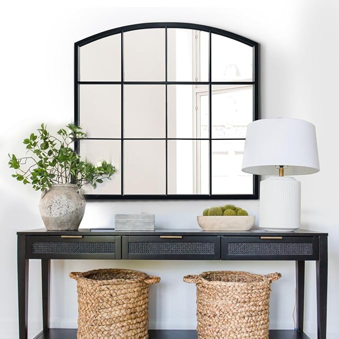 WAMIRRO Window Pane Black Mirror,Farmhouse Arched Wall Mirror,Mantel Mirror for Fireplace/Entryway/Hallway/Living Room,36"X 36"