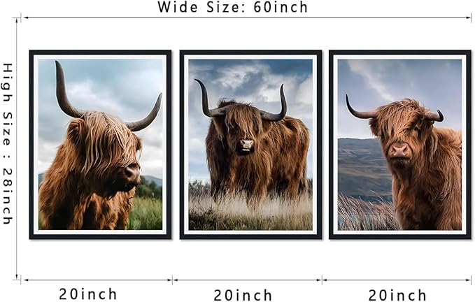 3 Pieces Farmhouse Animals Framed Canvas Wall Art Highland Cow Picture Wall Decor for Country House Modern Cow Portrait Print Artwork for Living Room Decoration Easy to Hand 16x24inchx3pcs