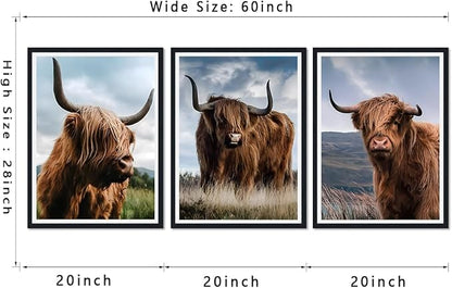 3 Pieces Farmhouse Animals Framed Canvas Wall Art Highland Cow Picture Wall Decor for Country House Modern Cow Portrait Print Artwork for Living Room Decoration Easy to Hand 16x24inchx3pcs