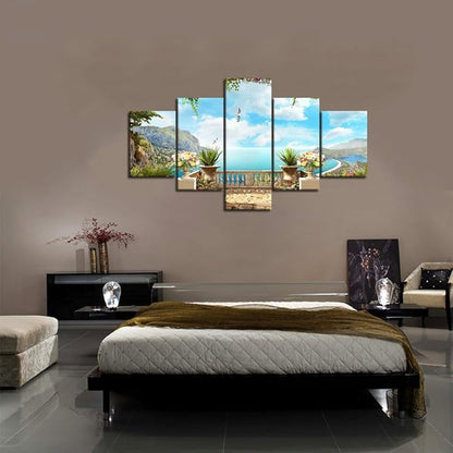 Beautiful Modern Landscape Balcony Overlooking the Harbour Pictures Painting on Canvas 5 Panels Combination Extra Large for Wall Art Living Room Home Decor Framed Stretched (60" W x 40" H)
