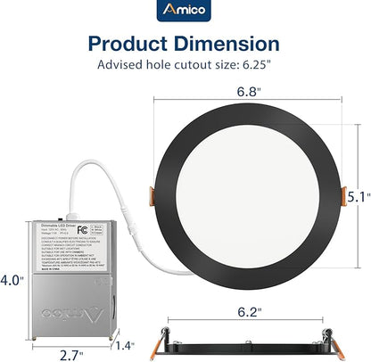 Amico 12 Pack 6 Inch 5CCT Ultra-Thin LED Recessed Ceiling Light with J-Box, 2700K/3000K/3500K/4000K/5000K Selectable, 12W Eqv 110W, Dimmable Canless Downlight, 1050LM High Brightness, Black - ETL