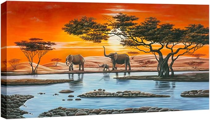 Wieco Art African Elephants Giclee Canvas Prints Wall Art Modern Extra Large African Landscape Animals Paintings Reproduction Pictures Artwork for Living Room Home Decorations