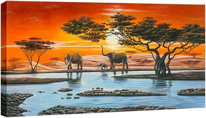 Wieco Art African Elephants Giclee Canvas Prints Wall Art Modern Extra Large African Landscape Animals Paintings Reproduction Pictures Artwork for Living Room Home Decorations