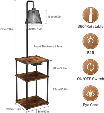 Floor Lamp with Table and Shelves, Side Table with USB Charging Port and Outlet, Modern Bedside Nightstand End Table with Lamp for Living Room, Bedroom, Guest Room, Bulb Included