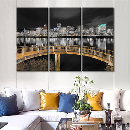 TUMOVO Ortland Oregon Downtown City Skyline Wall Art for Living Room 3 Piece Pedestrian Bridge Along Willamette River at Night Wall Decor Living Room Framed Ready to Hang (60" Wx40 H)