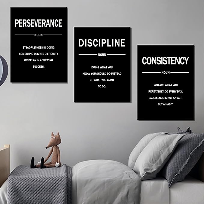 Motivational Wall Decor Perseverance Discipline Consistency 3 Pieces Inspirational Office Posters Positive Picture Prints Artwork for Modern Home Bedroom Gym Classroom Ready to Hang [36''W X 16''H]