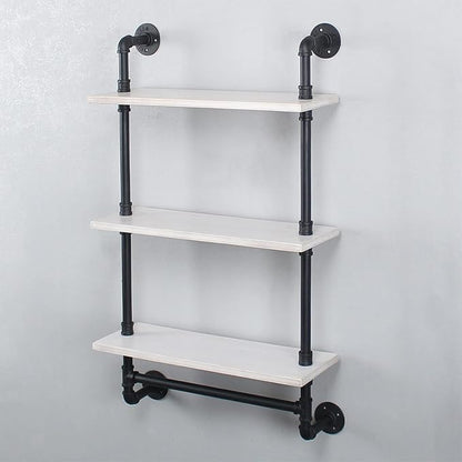 MBQQ Iron Pipe Shelves Industrial Bathroom Shelves with Towel bar,24in Rustic Metal Pipe Floating Shelves Pipe Wall Shelf,3 Tier Industrial Shelf Wall Mounted,Black & White