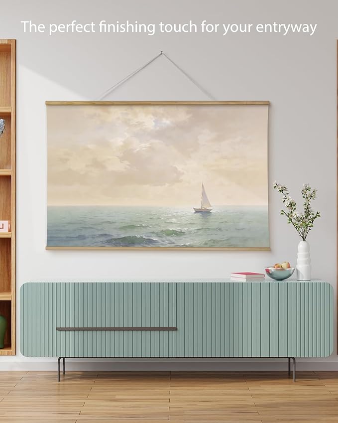 ARPEOTCY Extra Large Vintage Framed Wall Art, 36x54 Inch Ocean Coastal Sailboat Seascape Hanging Canvas Prints Scroll Wall Art Decor for Living Room Bedroom, Retro Scenery Pictures Above of Bed