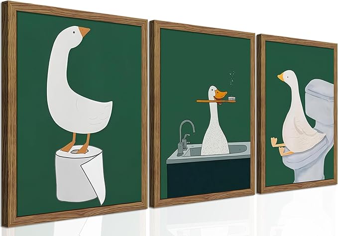 Framed Silly Goose Wall Art Bathroom Art Wall Decor Set of 3, Funny Gooses Poster Print, Dark Green Nursery Decor, Cute Animal Pictures Canvas for Kids Bathroom Washroom – 12x16 inch