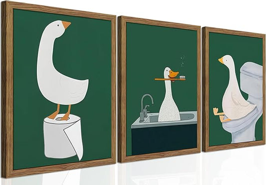 Framed Silly Goose Wall Art Bathroom Art Wall Decor Set of 3, Funny Gooses Poster Print, Dark Green Nursery Decor, Cute Animal Pictures Canvas for Kids Bathroom Washroom – 12x16 inch