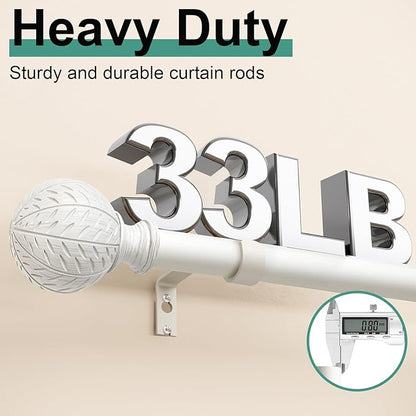 QDWIS White Curtain Rods for Windows 72 to 144 Inch,1'' Diameter Drapery Rods with Leaf Pattern Finials,Boho Adjustable Heavy Duty Curtain Rods Set,36-150'',Antique White