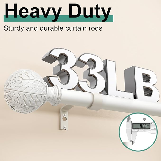 QDWIS White Curtain Rods for Windows 28 to 48 Inch,1'' Diameter Drapery Rods with Leaf Pattern Finials,Boho Adjustable Heavy Duty Curtain Rods Set,18-60'',Antique White