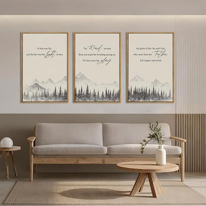 IARTTOP Extra Large Christian Bible Verse Framed Wall Art 24x36 Inch Set of 3 Easter Jesus Catholic Biblical Scripture Canvas Wall Decor Minimalist Grey Mountain Landscape Prints for Living room Dining room