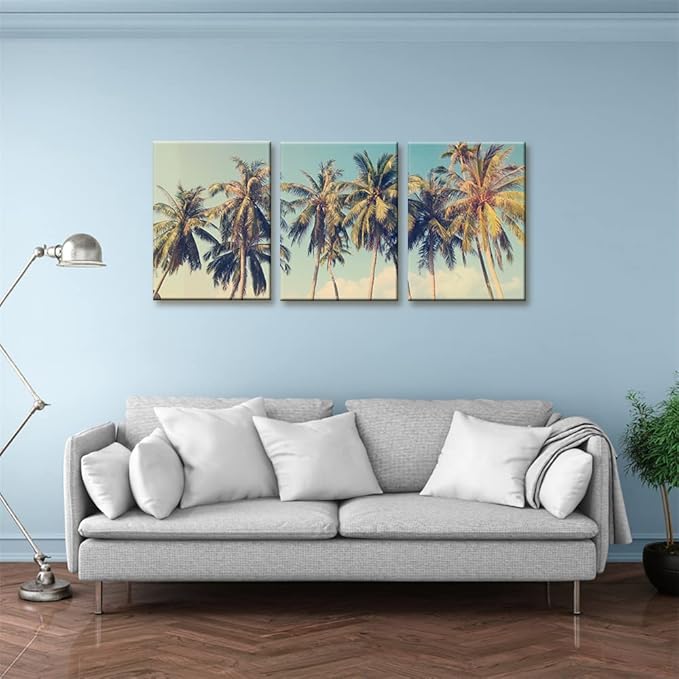 Pacimo Canvas Print Wall Art Set Row of California Palm Trees & Blue Sky Nature Wilderness Photography Realism Chic Scenic Seaside Landscape Pictures Giclee Artwork Stretched Framed - 12"x16"x3 Panels