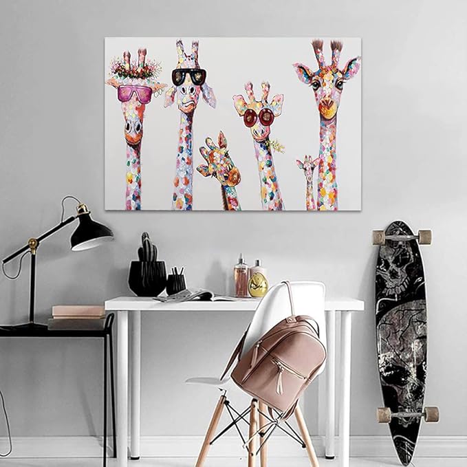 Bansky Graffiti Art Large Size 5 Giraffes Canvas Wall Art for Living Room Bathroom Framed Canvas Painting Wall Decor Modern Home Artwork Office Ready to Hang 44" WX28 H