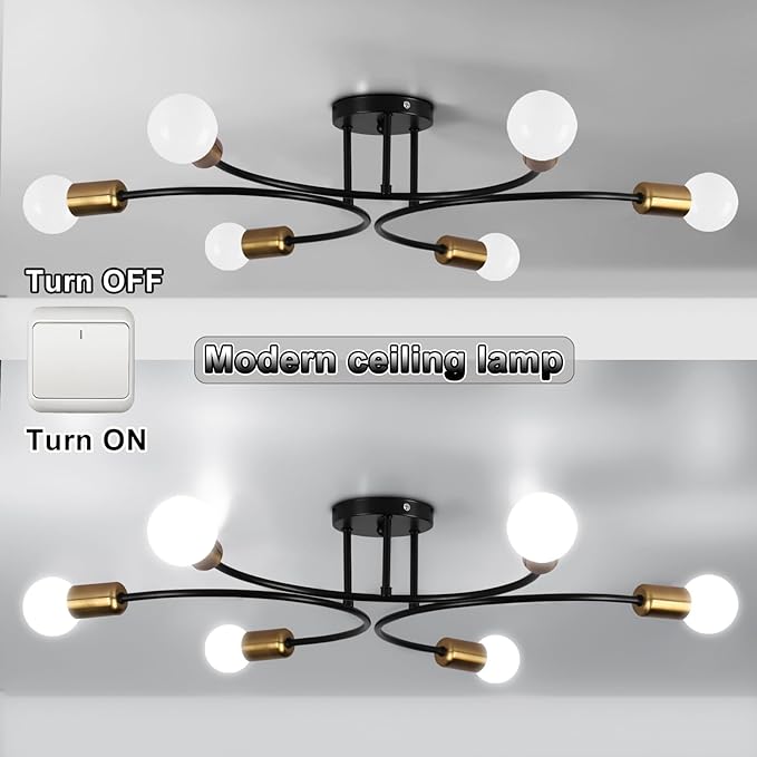 FRIXCHUR Modern Semi Flush Mount Ceiling Light Fixture 6-Lights Sputnik Chandelier Light Black and Gold Close to Ceiling Light Fixture for Living Room Bedroom Kitchen