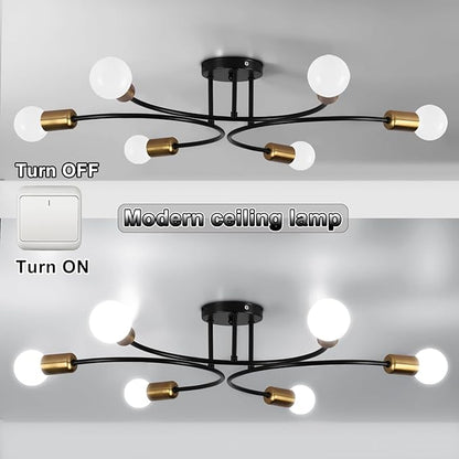 FRIXCHUR Modern Semi Flush Mount Ceiling Light Fixture 6-Lights Sputnik Chandelier Light Black and Gold Close to Ceiling Light Fixture for Living Room Bedroom Kitchen