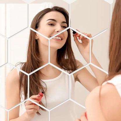 Hexagon Mirror Stickers for Walls 4 Packs 7.8''x7.8'' Self Adhesive Flexible Acrylic Wall Tile Decorative Peel and Stick Mirror Tiles Sheets Small 2mm Unbreakable Thick Stick on Mirrors for Door