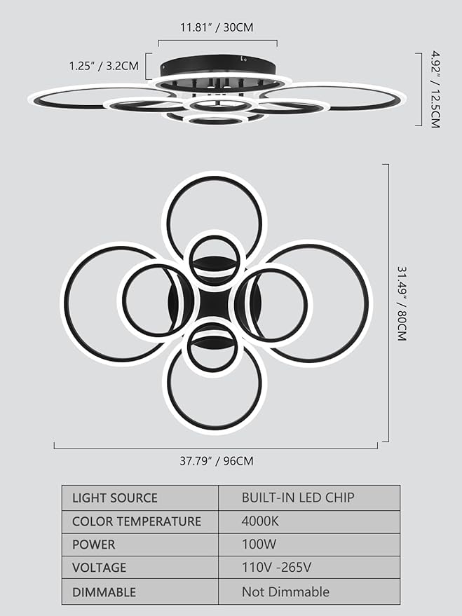 Modern LED Flush Mount Ceiling Light, 8 Rings Black Close to Ceiling Light Fixtures, Living Room Lighting Ceiling Lamp for Dining Room, Bedroom, Kitchen, 4000K Not Dimmable