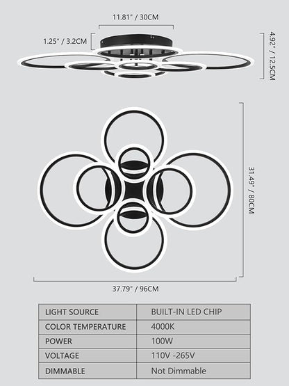 Modern LED Flush Mount Ceiling Light, 8 Rings Black Close to Ceiling Light Fixtures, Living Room Lighting Ceiling Lamp for Dining Room, Bedroom, Kitchen, 4000K Not Dimmable