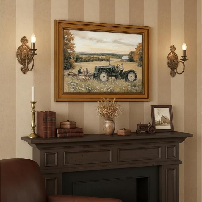 Vintage Gold Framed Canvas Wall Art, Old Tractor Poster Artwork, Country Landscape Print Picture, Farmhouse Aesthetic Painting Wall Decor, for Living Room, Bedroom, Home Decoration, 9x11in