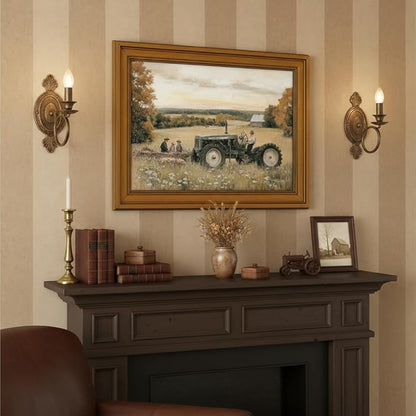 Vintage Gold Framed Canvas Wall Art, Old Tractor Poster Artwork, Country Landscape Print Picture, Farmhouse Aesthetic Painting Wall Decor, for Living Room, Bedroom, Home Decoration, 9x11in