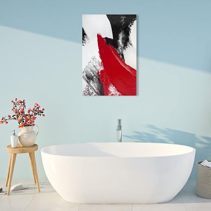 YPY Red Abstract Canvas Wall Art: Modern Minimalist Black and White Picture Hand Paint Textured Oil Painting Poster for Living Room Bedroom Bathroom Office Home Wall Decor 16x24